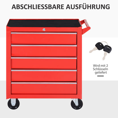Workshop Trolley with Wheels, Tool Cart with 5 Drawers, Lockable Assembly Cart with Brake, Mobile Rolling Cart, Max Load 150kg, Steel, Red