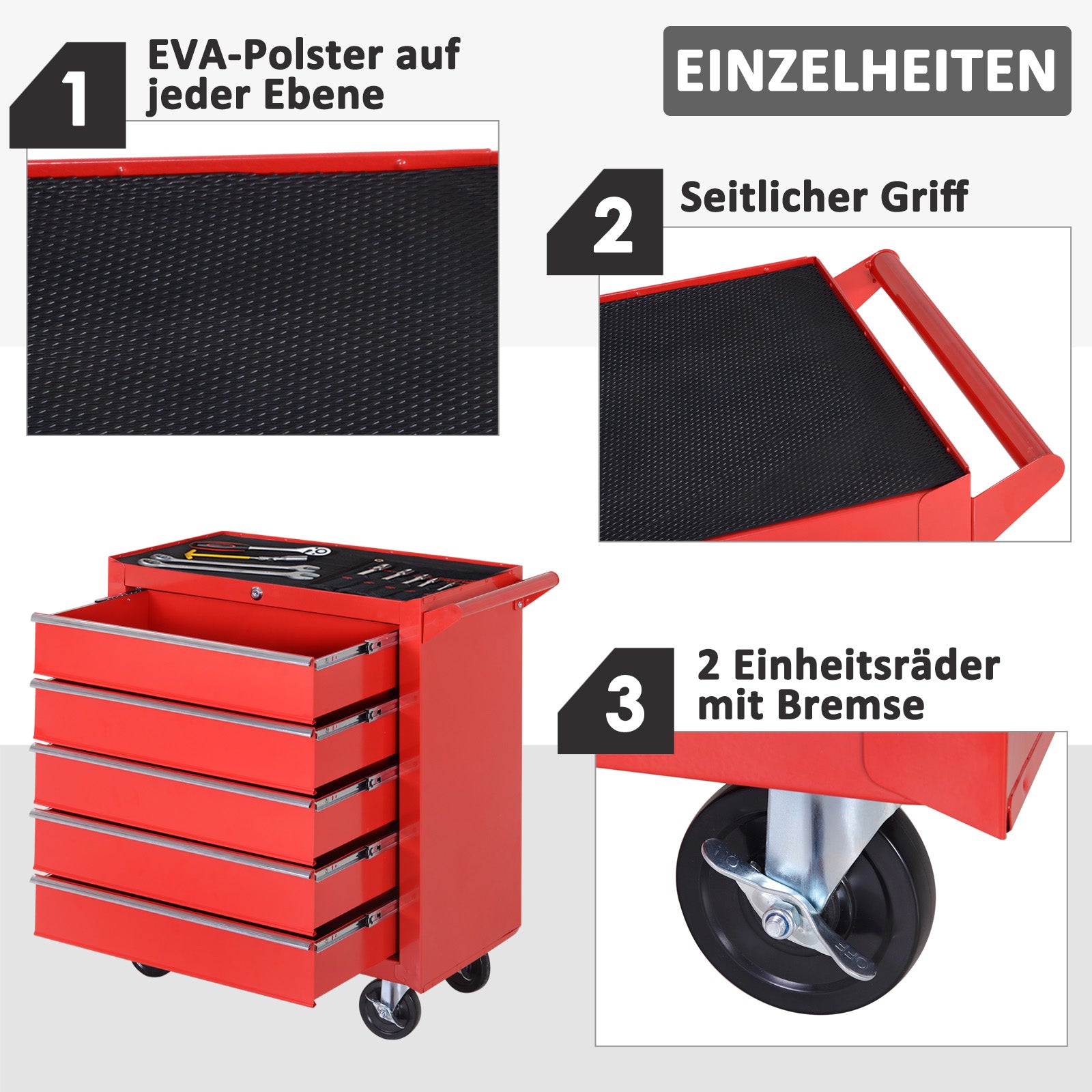 Workshop Trolley with Wheels, Tool Cart with 5 Drawers, Lockable Assembly Cart with Brake, Mobile Rolling Cart, Max Load 150kg, Steel, Red
