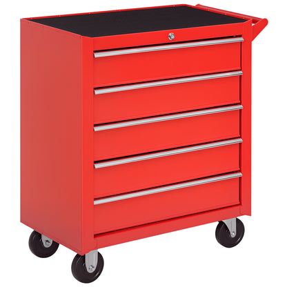 Workshop Trolley with Wheels, Tool Cart with 5 Drawers, Lockable Assembly Cart with Brake, Mobile Rolling Cart, Max Load 150kg, Steel, Red