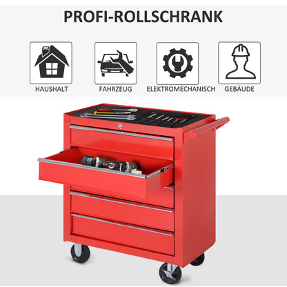 Workshop Trolley with Wheels, Tool Cart with 5 Drawers, Lockable Assembly Cart with Brake, Mobile Rolling Cart, Max Load 150kg, Steel, Red