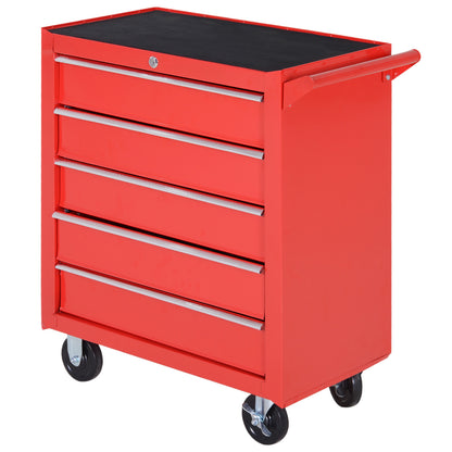 Workshop Trolley with Wheels, Tool Cart with 5 Drawers, Lockable Assembly Cart with Brake, Mobile Rolling Cart, Max Load 150kg, Steel, Red