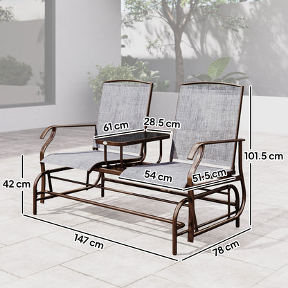 2-Seater Garden Rocking Bench in Metal with Breathable Mesh Fabric, 147x78x101.5cm, Brown and Gray