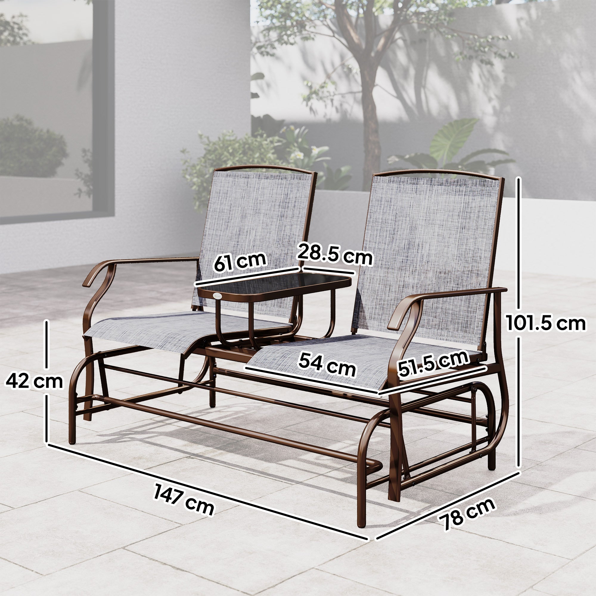 2-Seater Garden Rocking Bench in Metal with Breathable Mesh Fabric, 147x78x101.5cm, Brown and Gray
