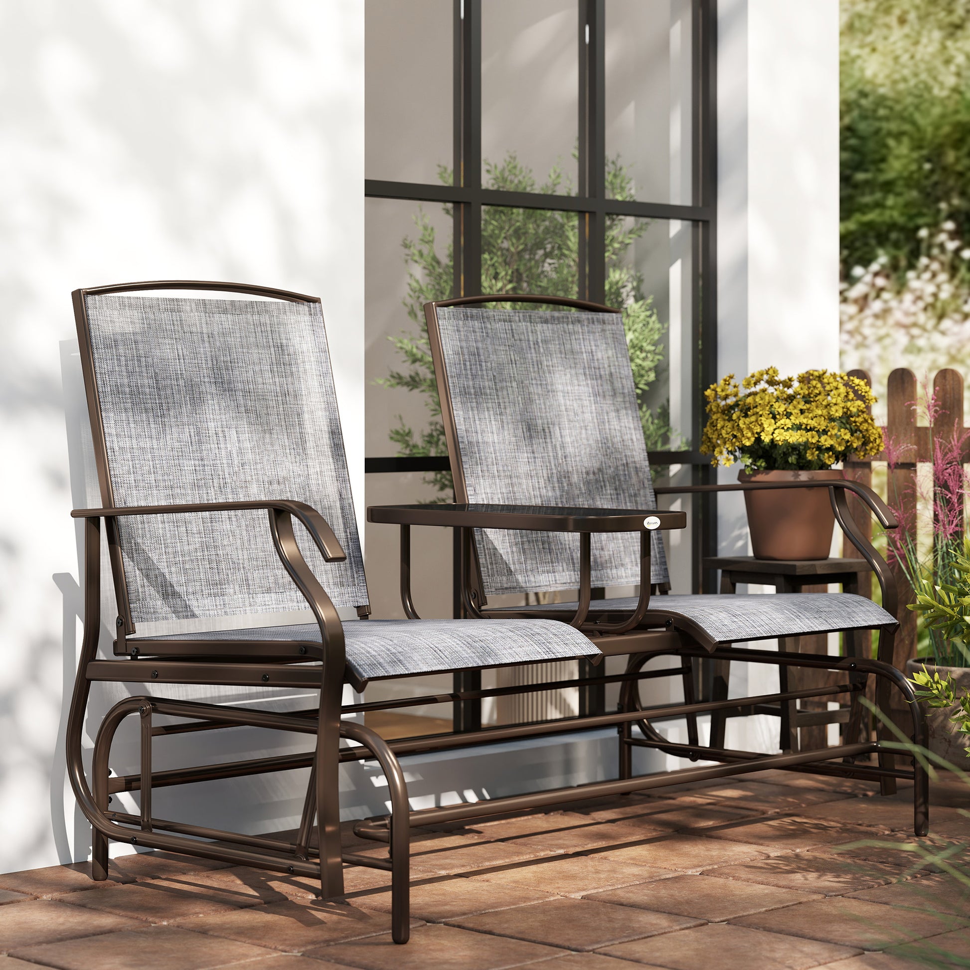 2-Seater Garden Rocking Bench in Metal with Breathable Mesh Fabric, 147x78x101.5cm, Brown and Gray