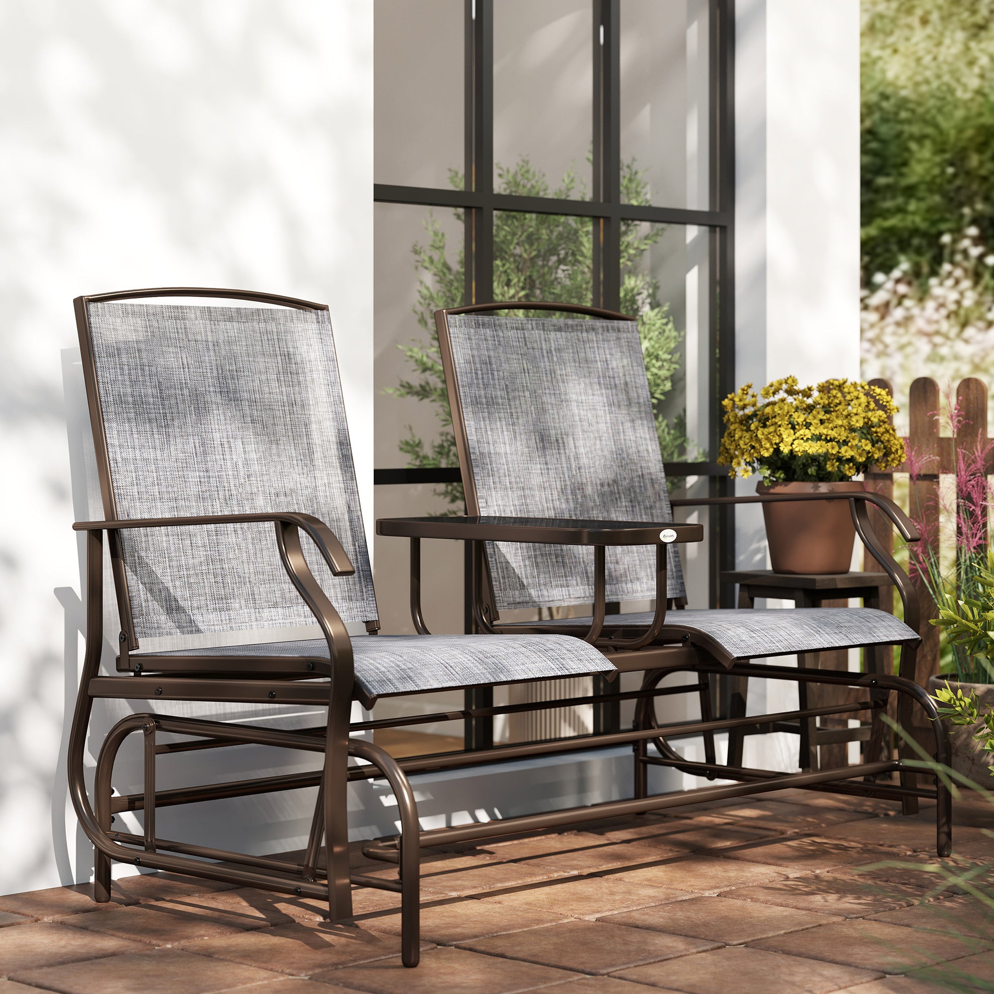 2-Seater Garden Rocking Bench in Metal with Breathable Mesh Fabric, 147x78x101.5cm, Brown and Gray