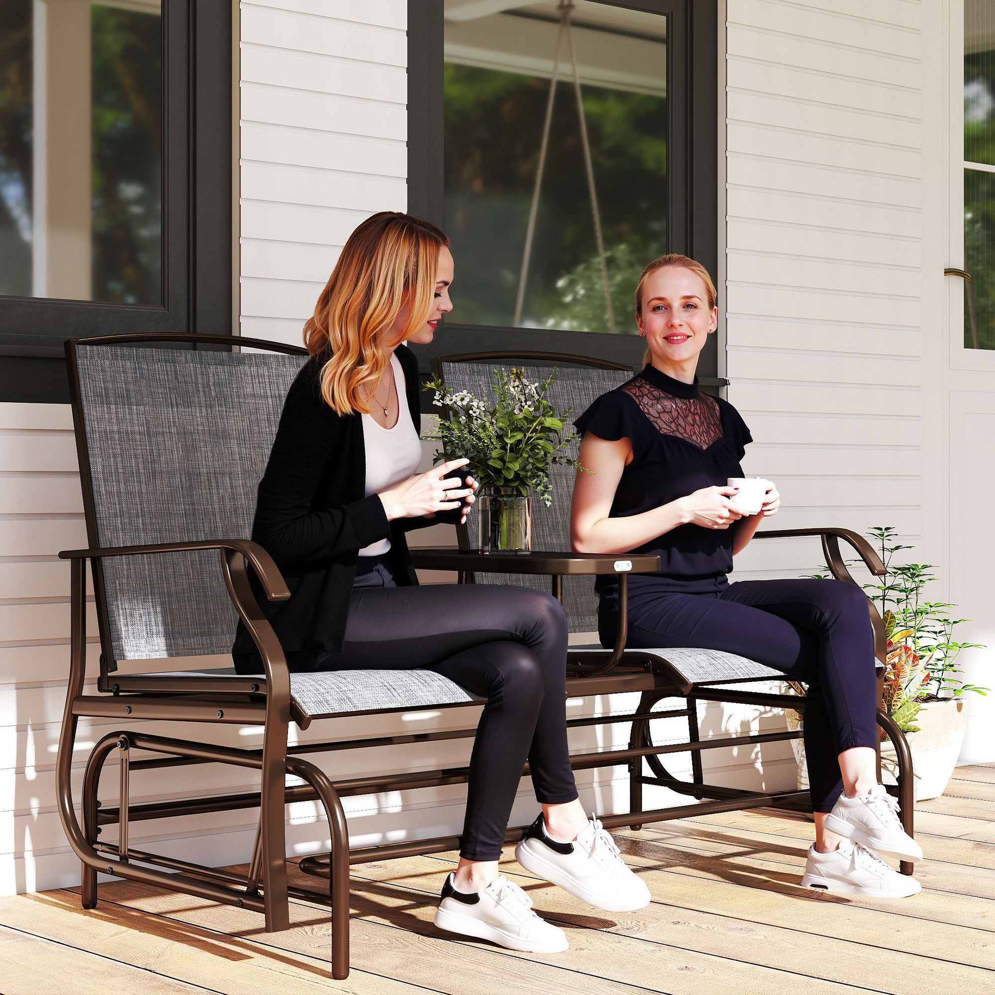 2-Seater Garden Rocking Bench in Metal with Breathable Mesh Fabric, 147x78x101.5cm, Brown and Gray