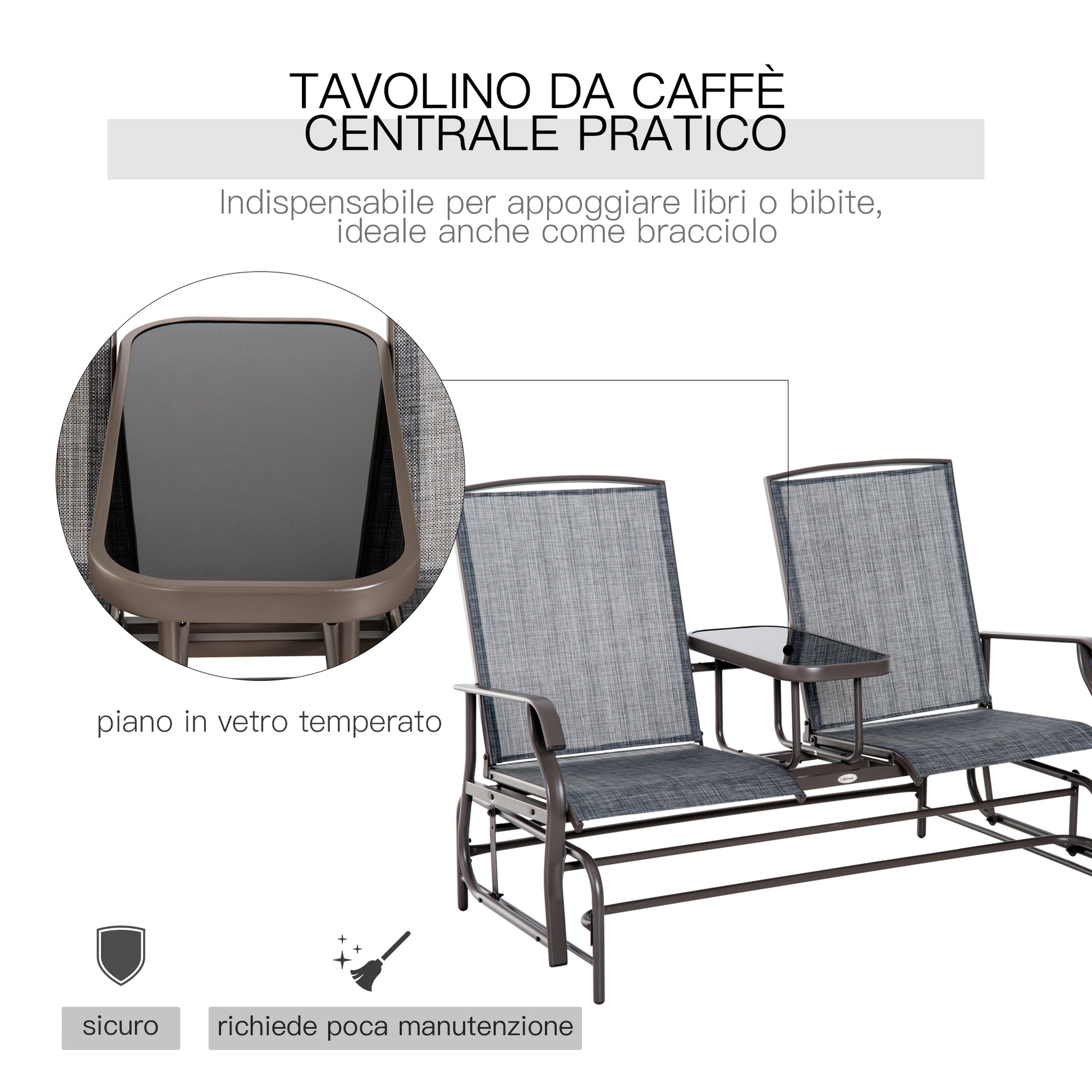 2-Seater Garden Rocking Bench in Metal with Breathable Mesh Fabric, 147x78x101.5cm, Brown and Gray