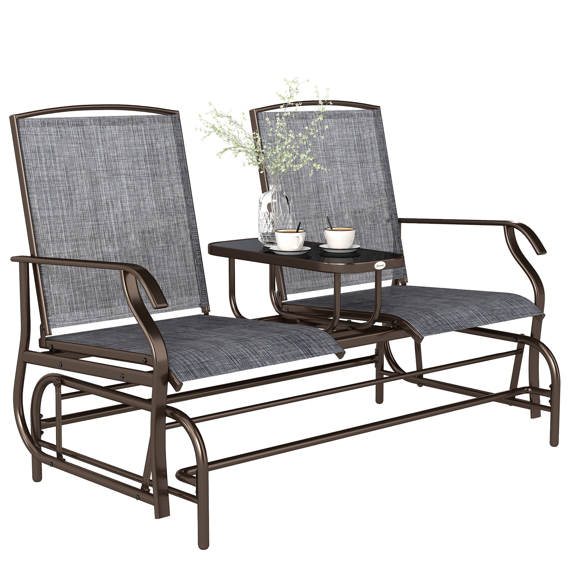 2-Seater Garden Rocking Bench in Metal with Breathable Mesh Fabric, 147x78x101.5cm, Brown and Gray