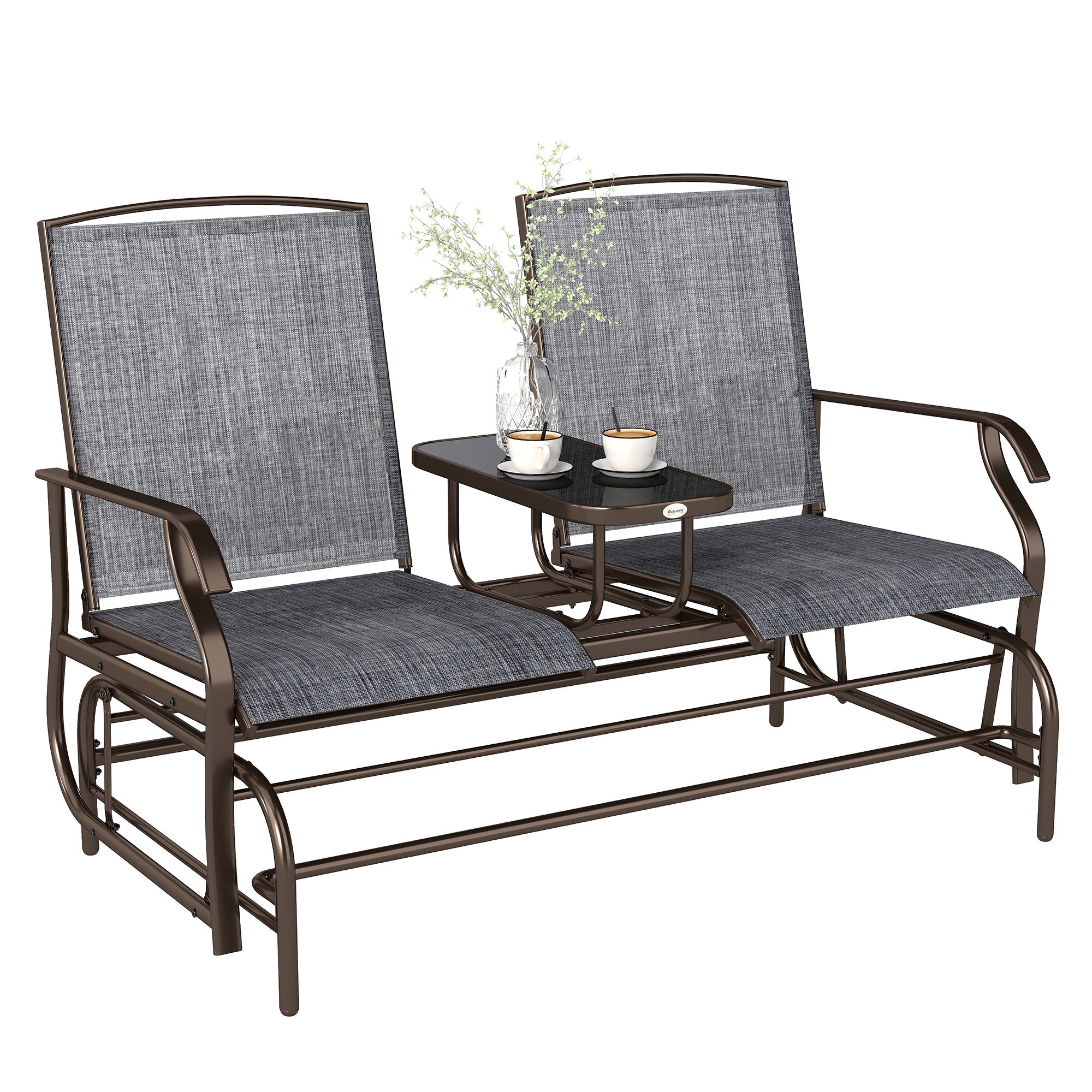 2-Seater Garden Rocking Bench in Metal with Breathable Mesh Fabric, 147x78x101.5cm, Brown and Gray