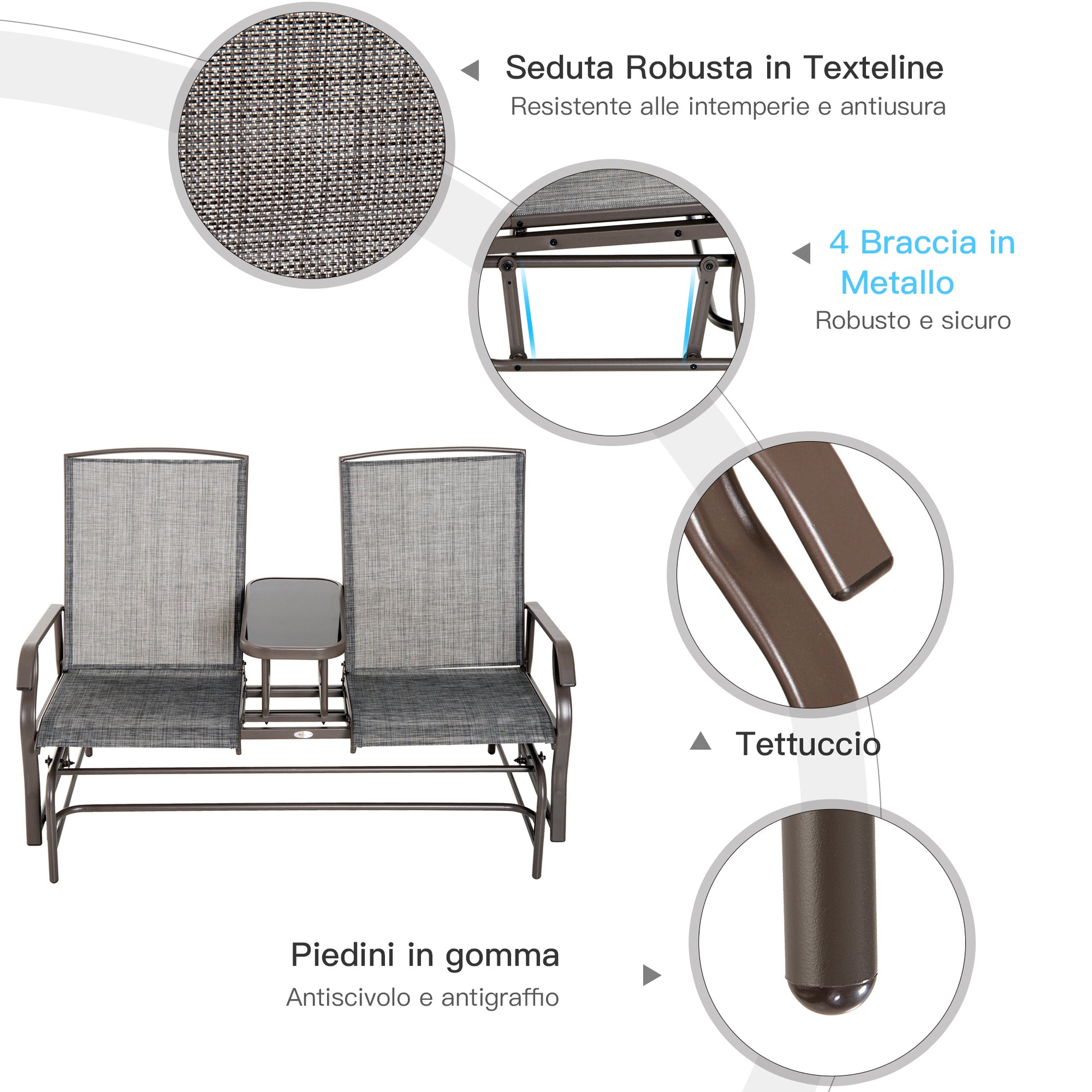 2-Seater Garden Rocking Bench in Metal with Breathable Mesh Fabric, 147x78x101.5cm, Brown and Gray