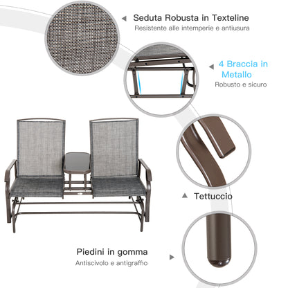 2-Seater Garden Rocking Bench in Metal with Breathable Mesh Fabric, 147x78x101.5cm, Brown and Gray