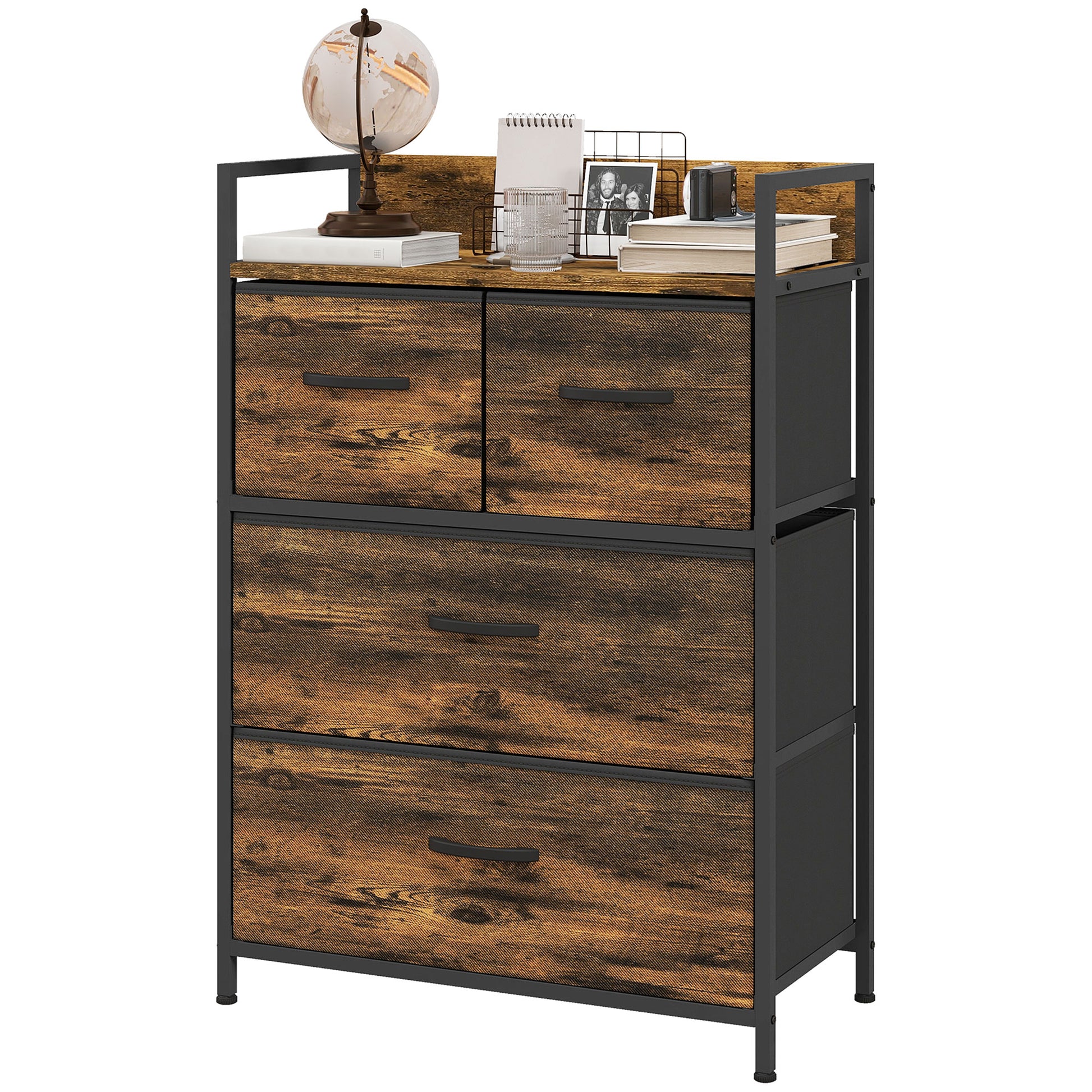 Fabric Storage Cabinet with 4 Drawers, Shelving Unit with Steel Frame Cupboard for Bedroom, Living Room Rustic Brown