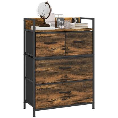 Fabric Storage Cabinet with 4 Drawers, Shelving Unit with Steel Frame Cupboard for Bedroom, Living Room Rustic Brown