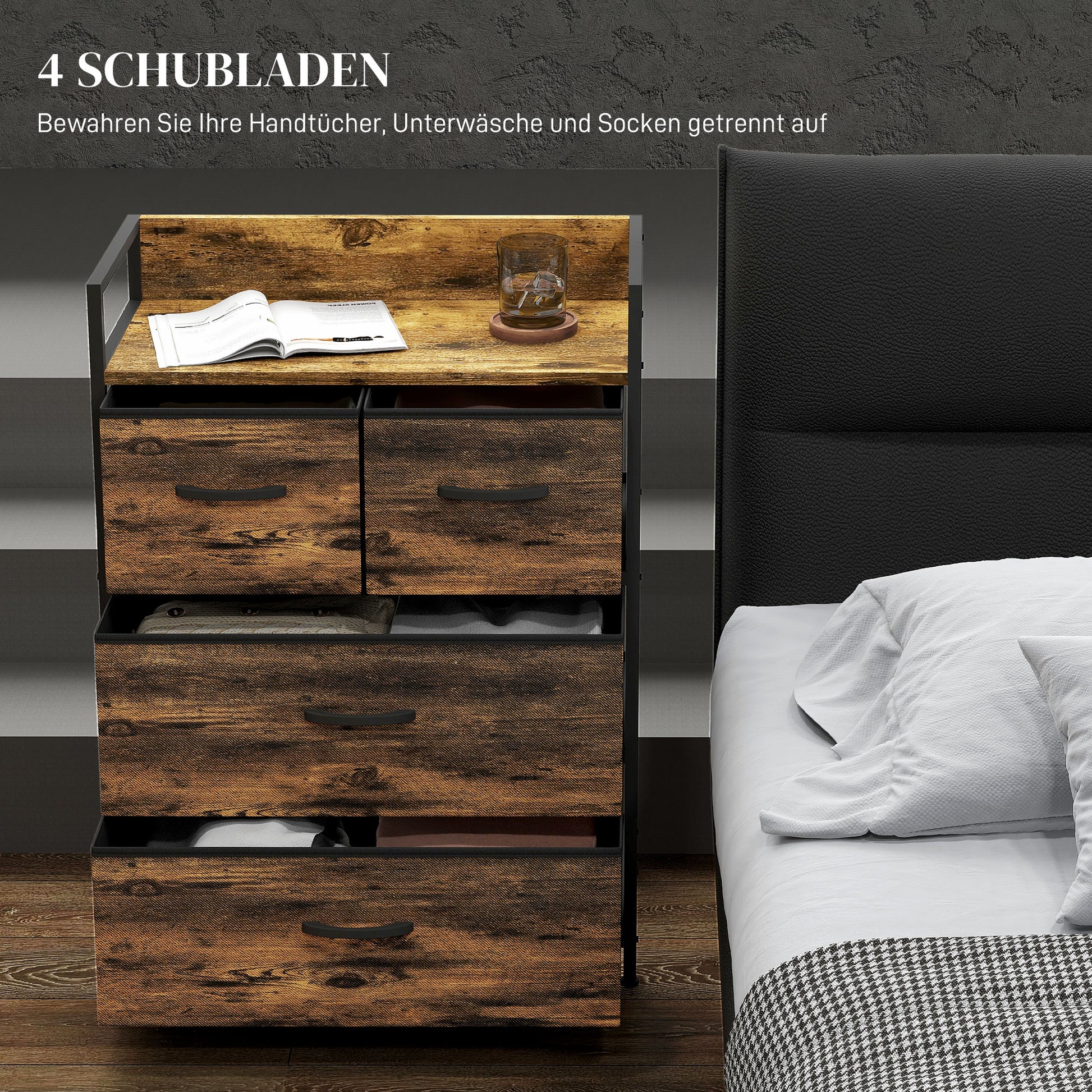 Fabric Storage Cabinet with 4 Drawers, Shelving Unit with Steel Frame Cupboard for Bedroom, Living Room Rustic Brown