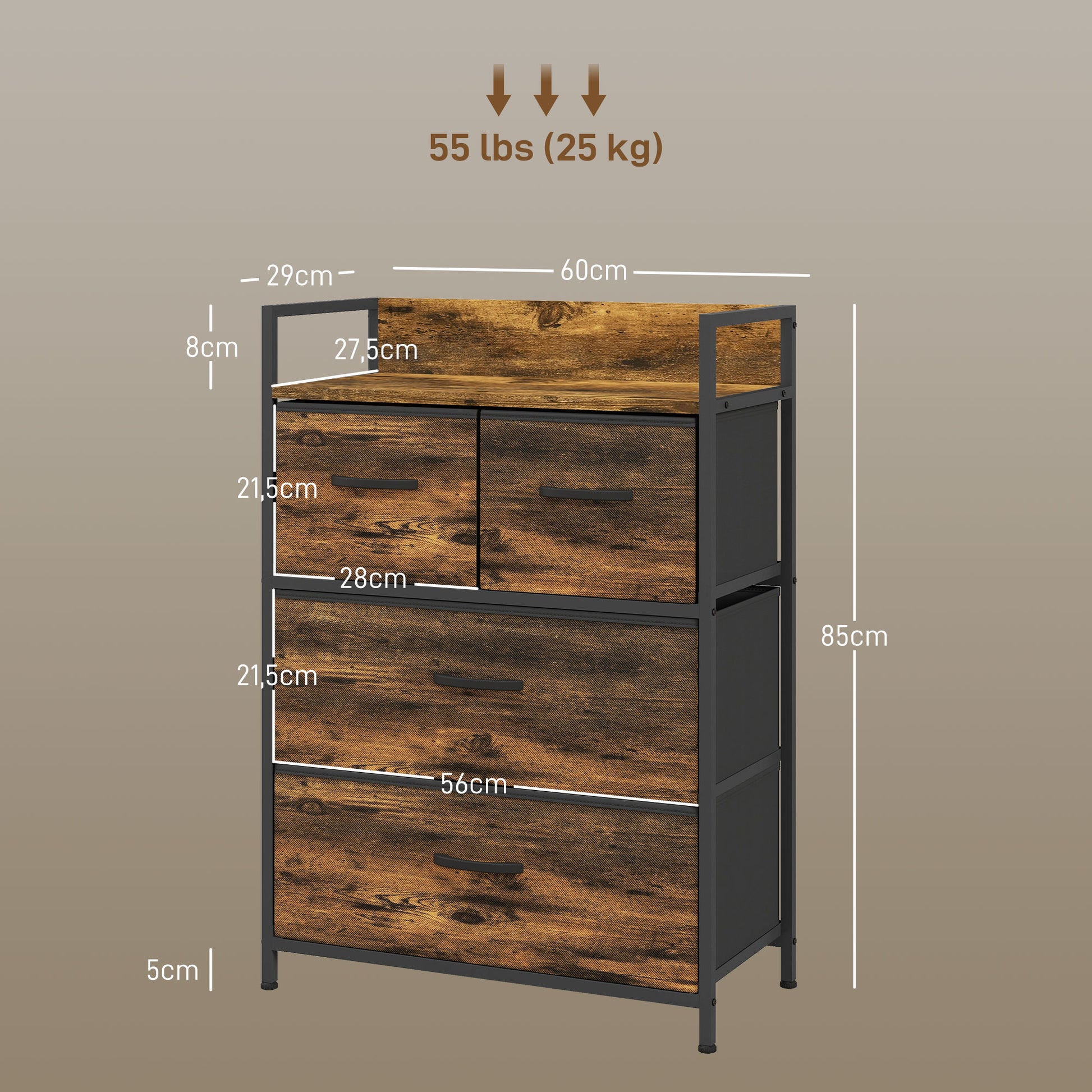 Fabric Storage Cabinet with 4 Drawers, Shelving Unit with Steel Frame Cupboard for Bedroom, Living Room Rustic Brown