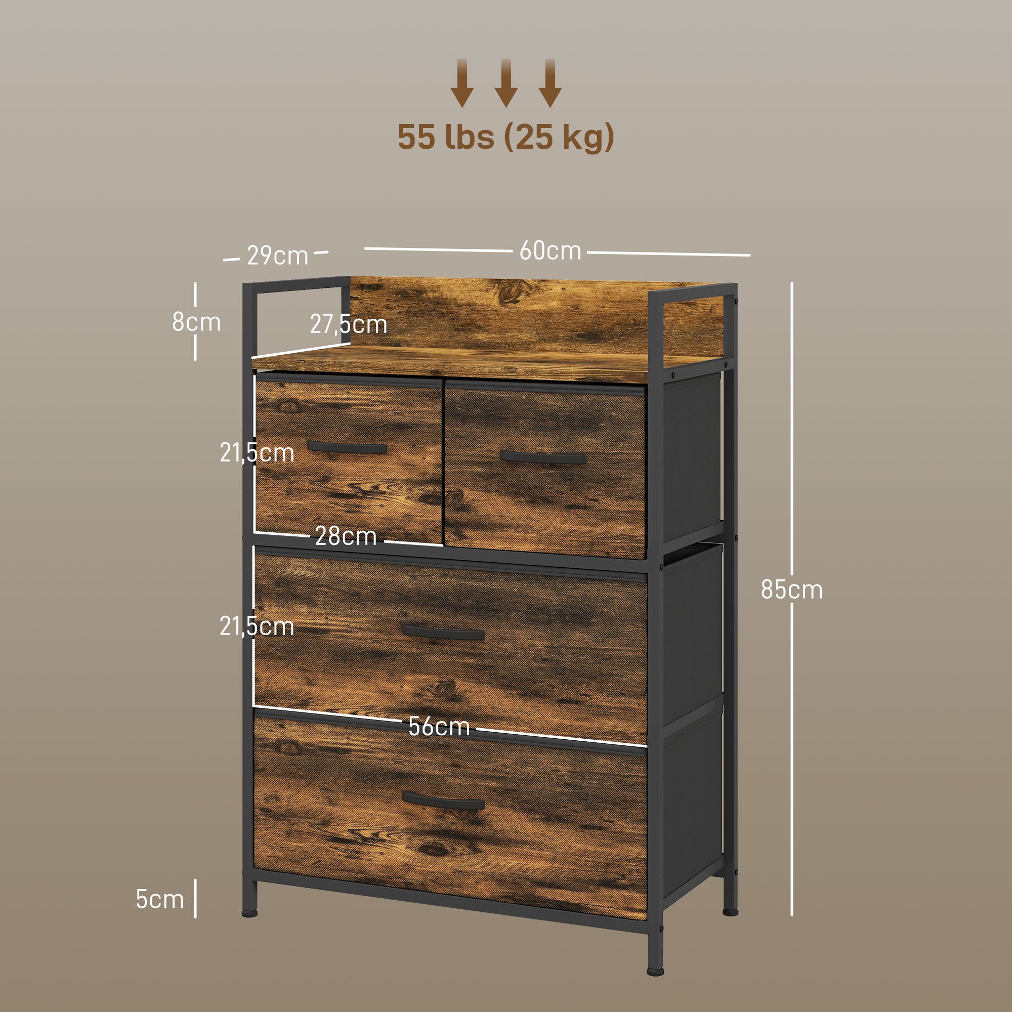 Fabric Storage Cabinet with 4 Drawers, Shelving Unit with Steel Frame Cupboard for Bedroom, Living Room Rustic Brown