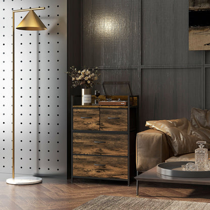 Fabric Storage Cabinet with 4 Drawers, Shelving Unit with Steel Frame Cupboard for Bedroom, Living Room Rustic Brown