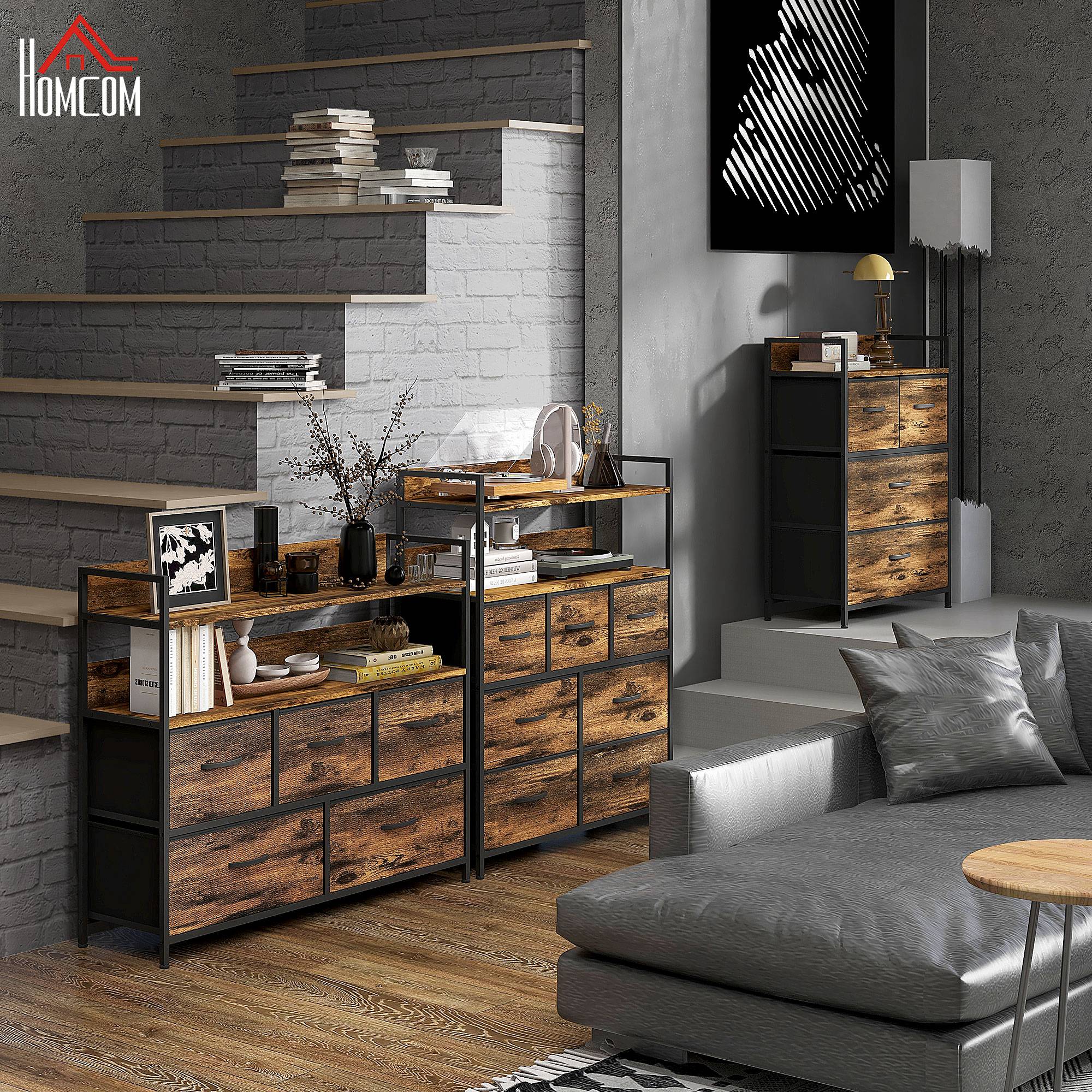 Fabric Storage Cabinet with 4 Drawers, Shelving Unit with Steel Frame Cupboard for Bedroom, Living Room Rustic Brown