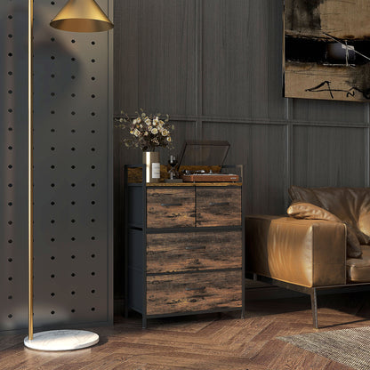 Fabric Storage Cabinet with 4 Drawers, Shelving Unit with Steel Frame Cupboard for Bedroom, Living Room Rustic Brown