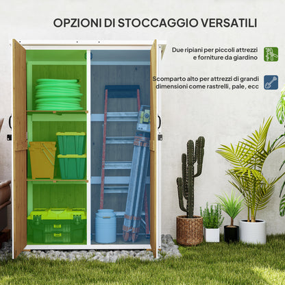 Garden Shed 0.55 m² with 2 Shelves, 2 Lockable Doors, Adjustable Feet, Tool Shed in Spruce Wood and Bitumen Roof, 116.5x57x159/167 cm, Brown and White