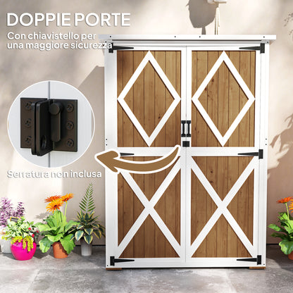 Garden Shed 0.55 m² with 2 Shelves, 2 Lockable Doors, Adjustable Feet, Tool Shed in Spruce Wood and Bitumen Roof, 116.5x57x159/167 cm, Brown and White