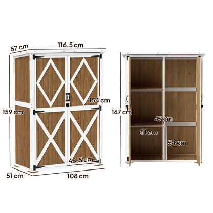 Garden Shed 0.55 m² with 2 Shelves, 2 Lockable Doors, Adjustable Feet, Tool Shed in Spruce Wood and Bitumen Roof, 116.5x57x159/167 cm, Brown and White