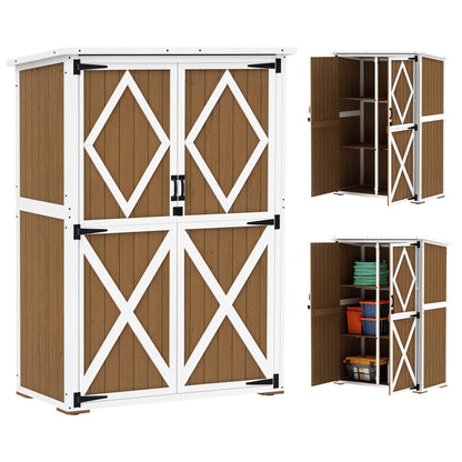 Garden Shed 0.55 m² with 2 Shelves, 2 Lockable Doors, Adjustable Feet, Tool Shed in Spruce Wood and Bitumen Roof, 116.5x57x159/167 cm, Brown and White