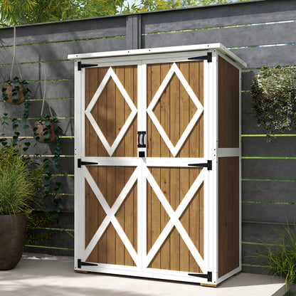 Garden Shed 0.55 m² with 2 Shelves, 2 Lockable Doors, Adjustable Feet, Tool Shed in Spruce Wood and Bitumen Roof, 116.5x57x159/167 cm, Brown and White