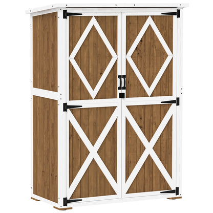 Garden Shed 0.55 m² with 2 Shelves, 2 Lockable Doors, Adjustable Feet, Tool Shed in Spruce Wood and Bitumen Roof, 116.5x57x159/167 cm, Brown and White