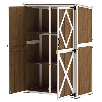 Garden Shed 0.55 m² with 2 Shelves, 2 Lockable Doors, Adjustable Feet, Tool Shed in Spruce Wood and Bitumen Roof, 116.5x57x159/167 cm, Brown and White