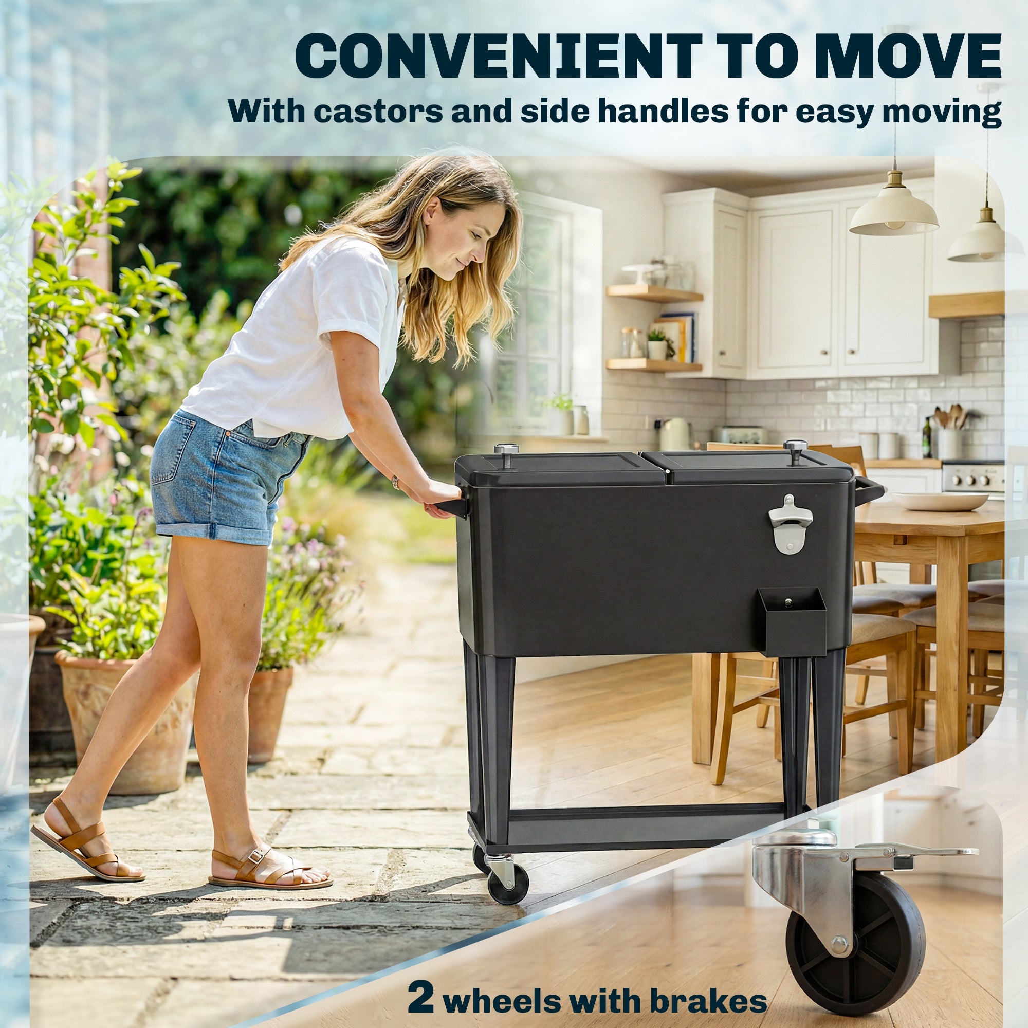 76-Liter Cooler Cart with Shelf, Drain, Wheels, Steel Bottle Opener & Cap Catcher — Black Outdoor Cooler