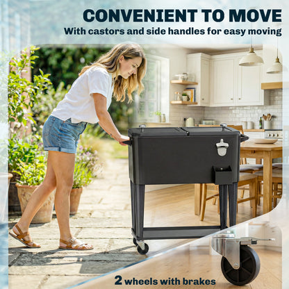 76-Liter Cooler Cart with Shelf, Drain, Wheels, Steel Bottle Opener & Cap Catcher — Black Outdoor Cooler