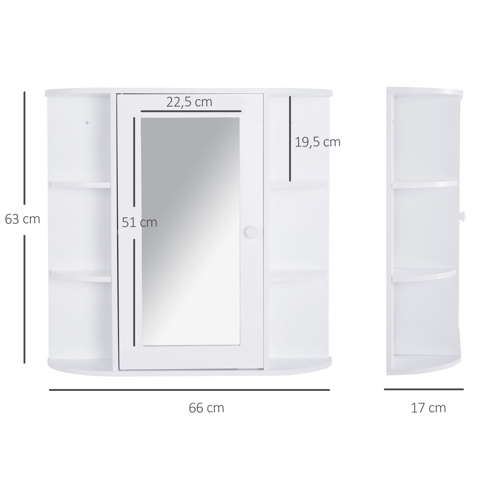 Bathroom Mirror Cabinet Hanging Toilet with 1 Door 2 Interior Shelves and 6 Side Shelves for Living Room Kitchen Bedroom 66x17x63 cm White