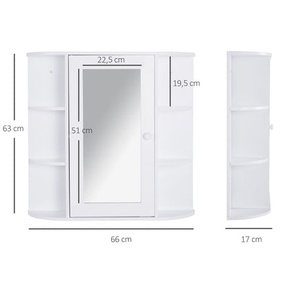 Bathroom Mirror Cabinet Hanging Toilet with 1 Door 2 Interior Shelves and 6 Side Shelves for Living Room Kitchen Bedroom 66x17x63 cm White