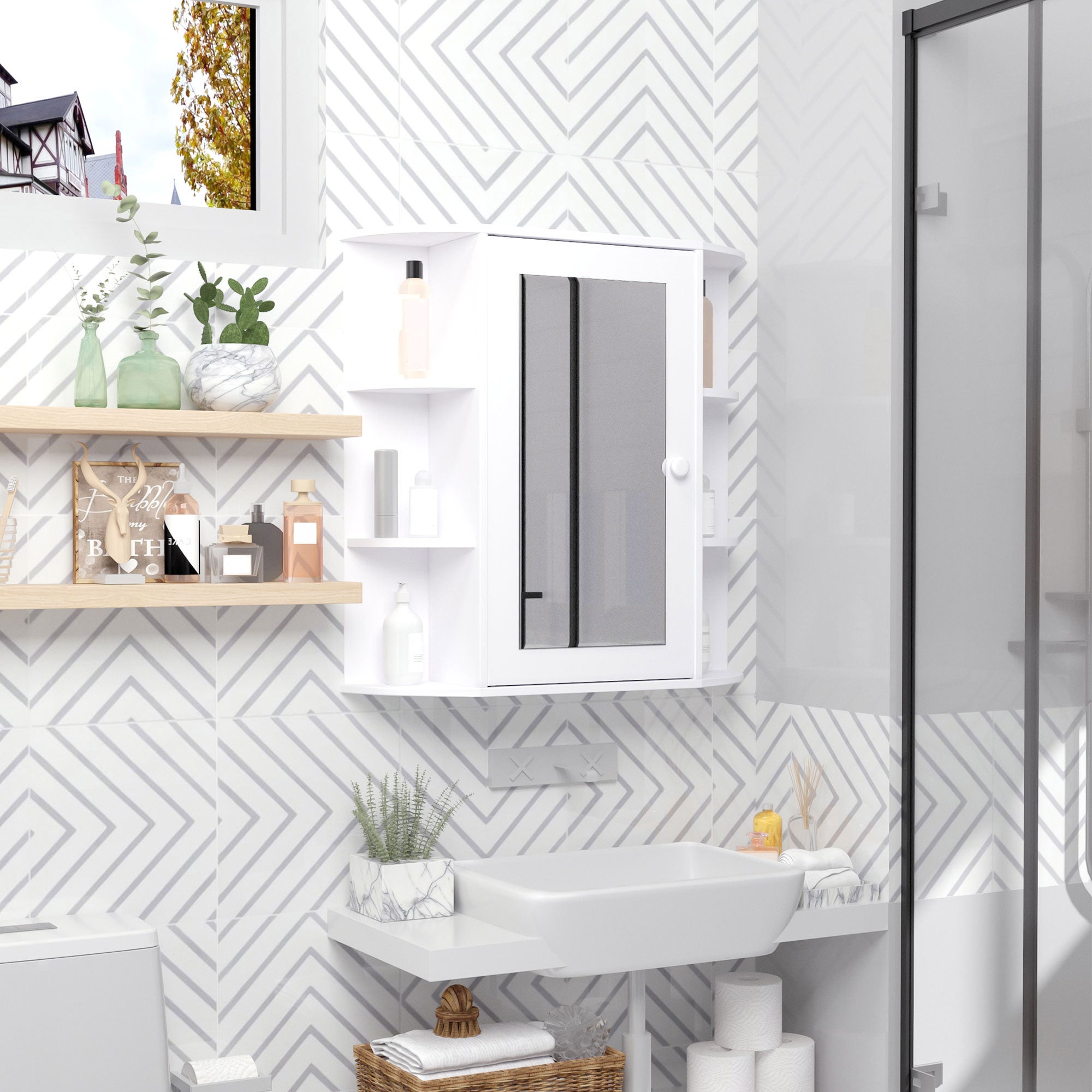 Bathroom Mirror Cabinet Hanging Toilet with 1 Door 2 Interior Shelves and 6 Side Shelves for Living Room Kitchen Bedroom 66x17x63 cm White