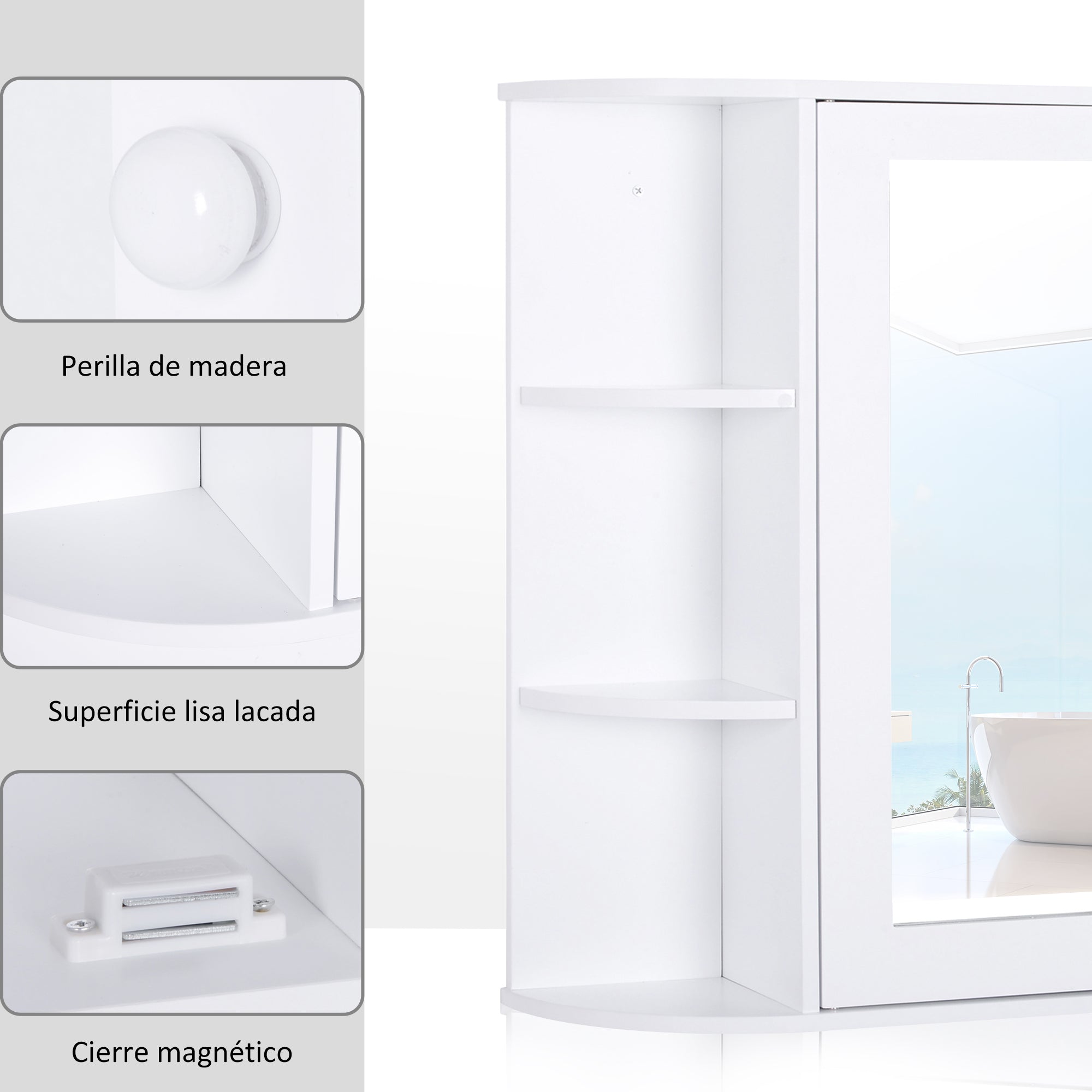 Bathroom Mirror Cabinet Hanging Toilet with 1 Door 2 Interior Shelves and 6 Side Shelves for Living Room Kitchen Bedroom 66x17x63 cm White