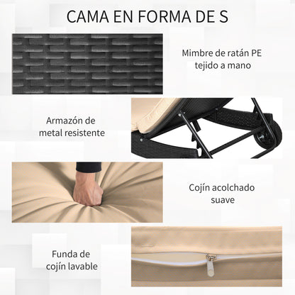 Reclining Rattan Garden Lounger in S Shape with 2 Wheels, Adjustable Backrest in 5 Positions and Removable Cushion for Patio Terrace 207x70x70 cm Black and Beige