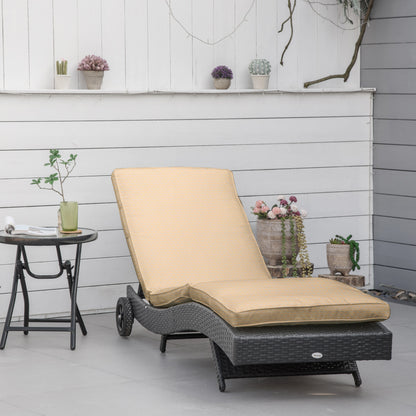 Reclining Rattan Garden Lounger in S Shape with 2 Wheels, Adjustable Backrest in 5 Positions and Removable Cushion for Patio Terrace 207x70x70 cm Black and Beige