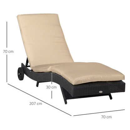 Reclining Rattan Garden Lounger in S Shape with 2 Wheels, Adjustable Backrest in 5 Positions and Removable Cushion for Patio Terrace 207x70x70 cm Black and Beige