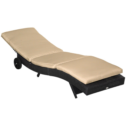 Reclining Rattan Garden Lounger in S Shape with 2 Wheels, Adjustable Backrest in 5 Positions and Removable Cushion for Patio Terrace 207x70x70 cm Black and Beige