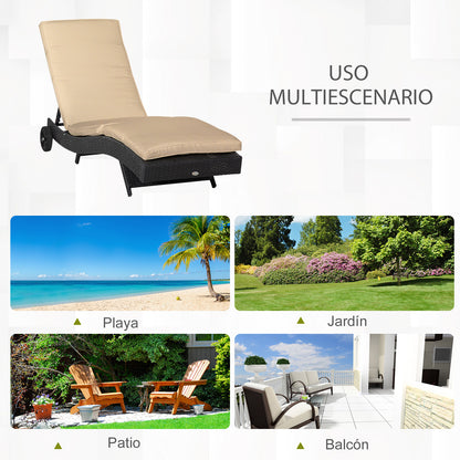 Reclining Rattan Garden Lounger in S Shape with 2 Wheels, Adjustable Backrest in 5 Positions and Removable Cushion for Patio Terrace 207x70x70 cm Black and Beige