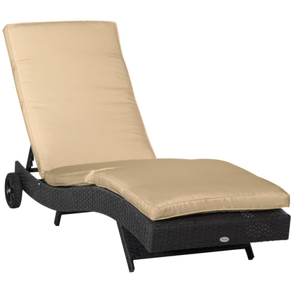 Reclining Rattan Garden Lounger in S Shape with 2 Wheels, Adjustable Backrest in 5 Positions and Removable Cushion for Patio Terrace 207x70x70 cm Black and Beige