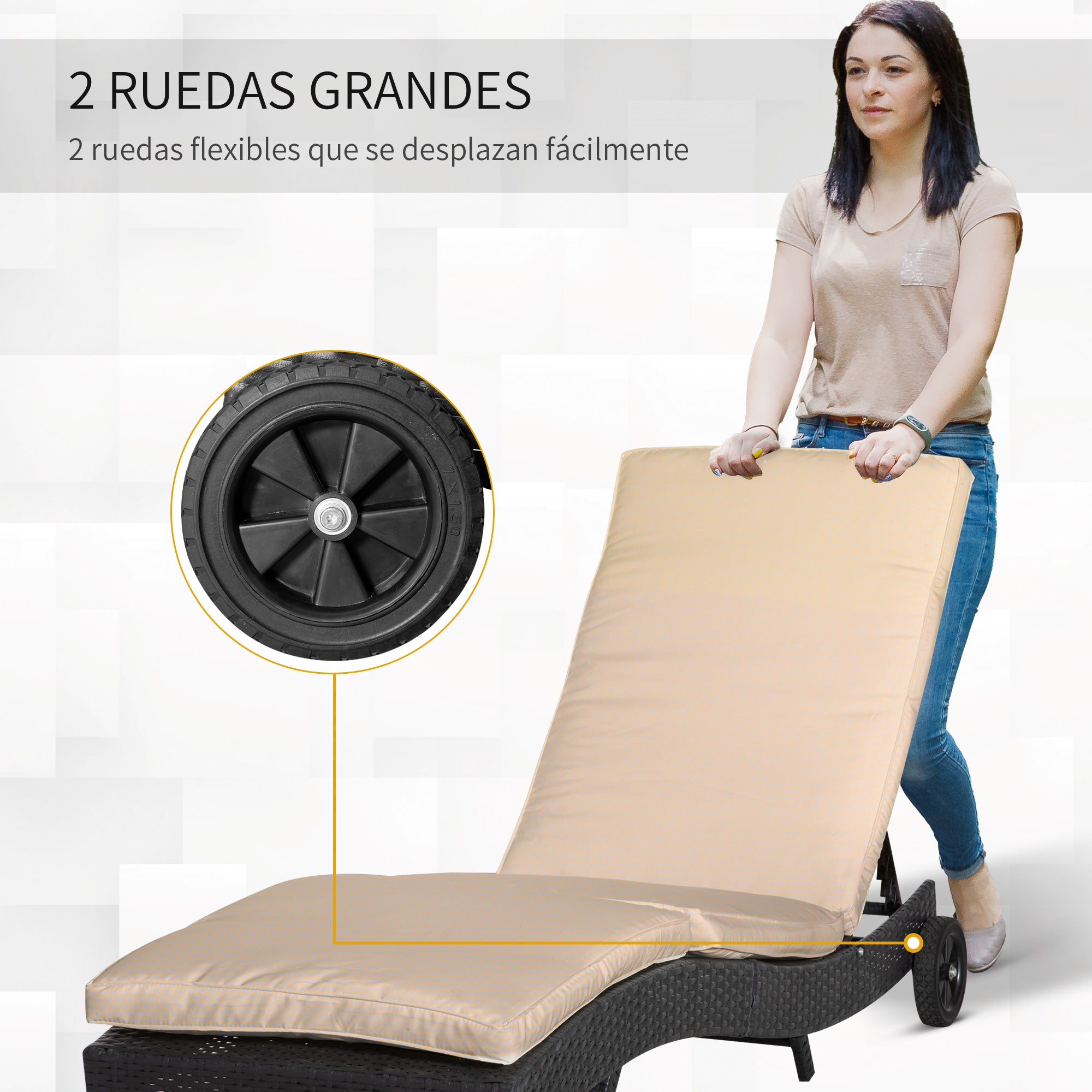 Reclining Rattan Garden Lounger in S Shape with 2 Wheels, Adjustable Backrest in 5 Positions and Removable Cushion for Patio Terrace 207x70x70 cm Black and Beige