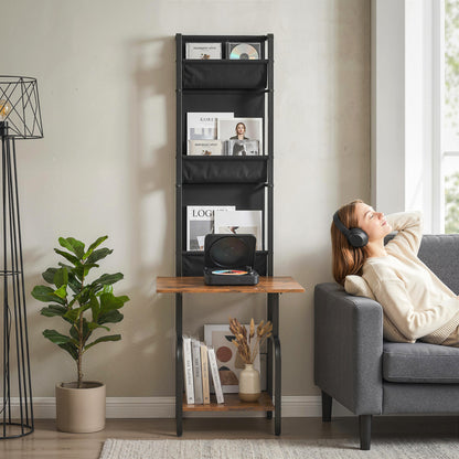 CD/DVD/Blu-ray Rack with 3 Fabric Pockets & Table — Industrial Media Shelf, Rustic Brown/Black (19.7 x 19.1 x 56.7 in)
