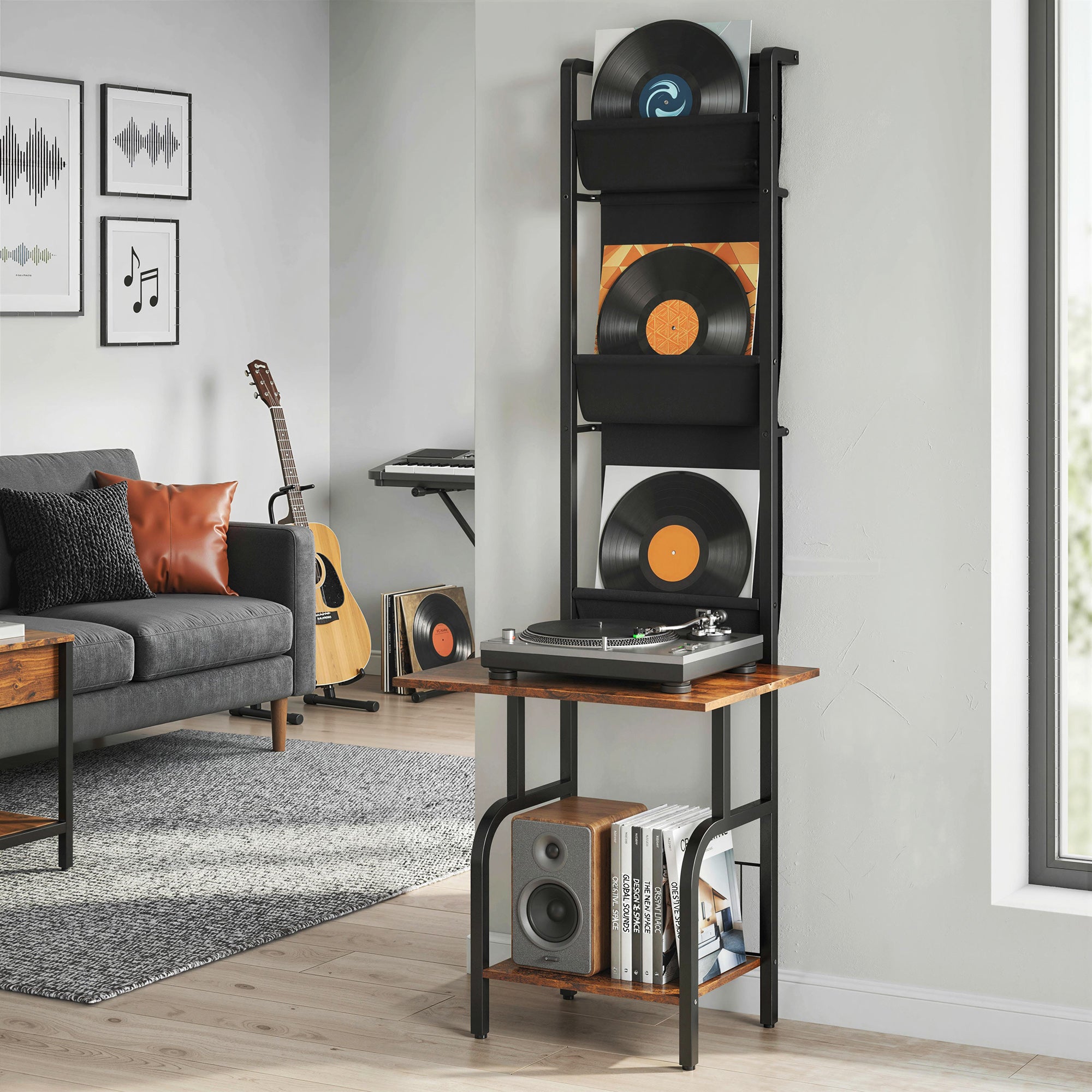 CD/DVD/Blu-ray Rack with 3 Fabric Pockets & Table — Industrial Media Shelf, Rustic Brown/Black (19.7 x 19.1 x 56.7 in)