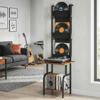 CD/DVD/Blu-ray Rack with 3 Fabric Pockets & Table — Industrial Media Shelf, Rustic Brown/Black (19.7 x 19.1 x 56.7 in)
