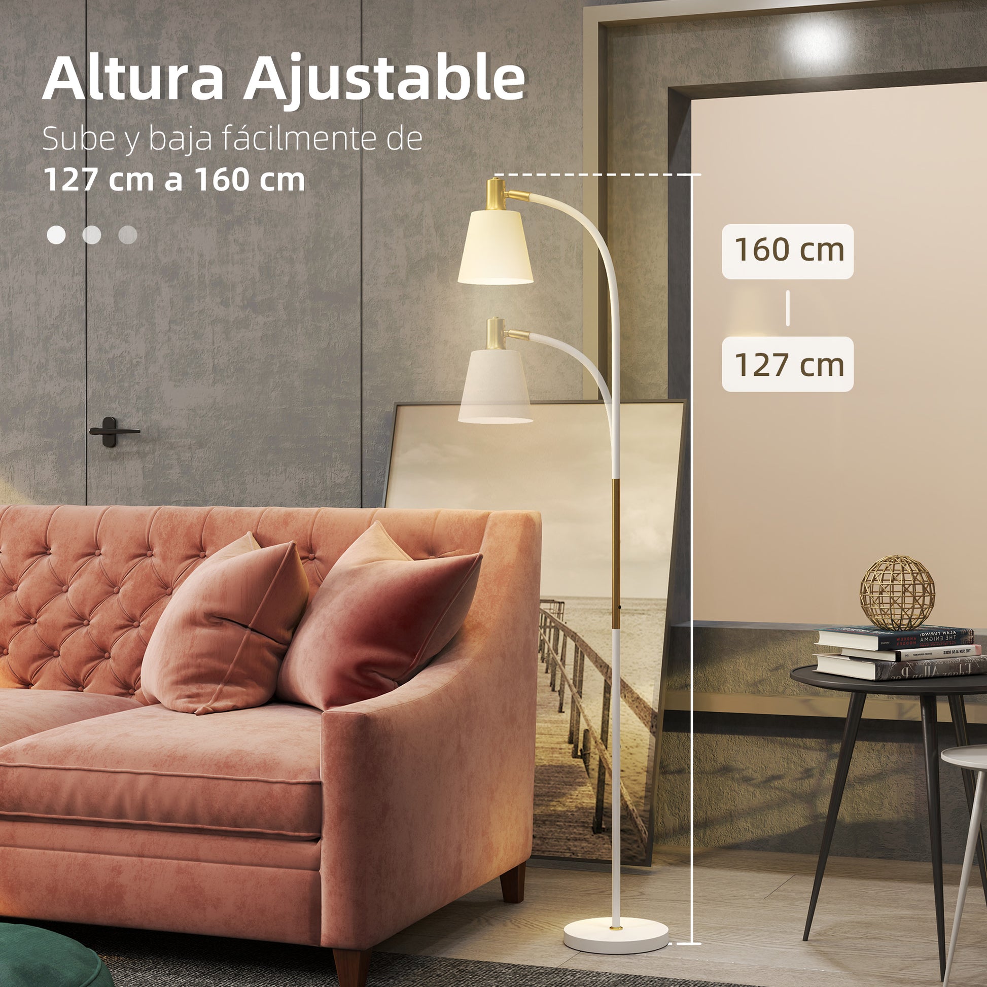 LED Floor Lamp Living Room Floor Lamp with Adjustable Height Swivel Shade Switch for Living Room Office Bedroom White and Gold