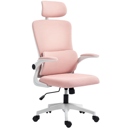 Ergonomic Office Chair with Lumbar Support, Flip-up Armrests, Adjustable Headrest, Reclining Swivel Desk Chair with High Backrest, Height Adjustable in Mesh, Pink