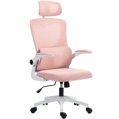 Ergonomic Office Chair with Lumbar Support, Flip-up Armrests, Adjustable Headrest, Reclining Swivel Desk Chair with High Backrest, Height Adjustable in Mesh, Pink