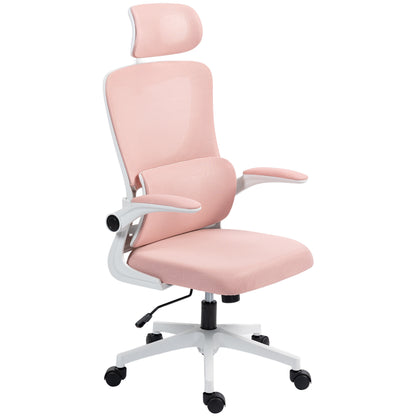 Ergonomic Office Chair with Lumbar Support, Flip-up Armrests, Adjustable Headrest, Reclining Swivel Desk Chair with High Backrest, Height Adjustable in Mesh, Pink